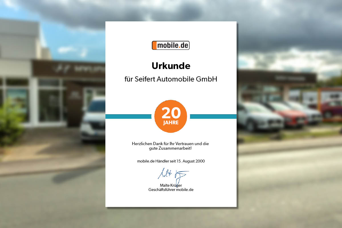 Urkunde von mobile.de für Seifert Automobile wegen 20 Jahre Zusammenarbeit 
